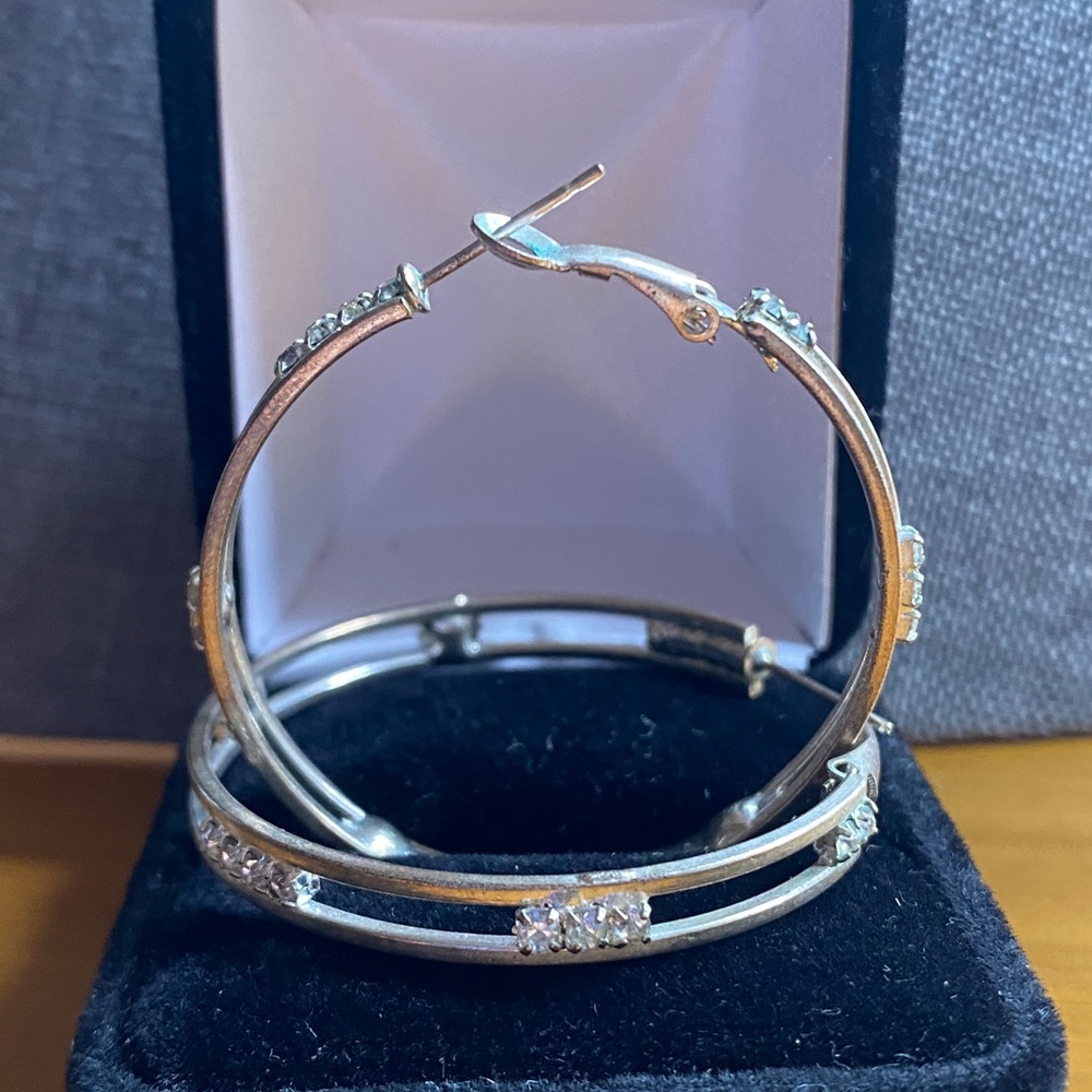 Silver Tone Crystal Accent Hoop Earrings 1.5” Across